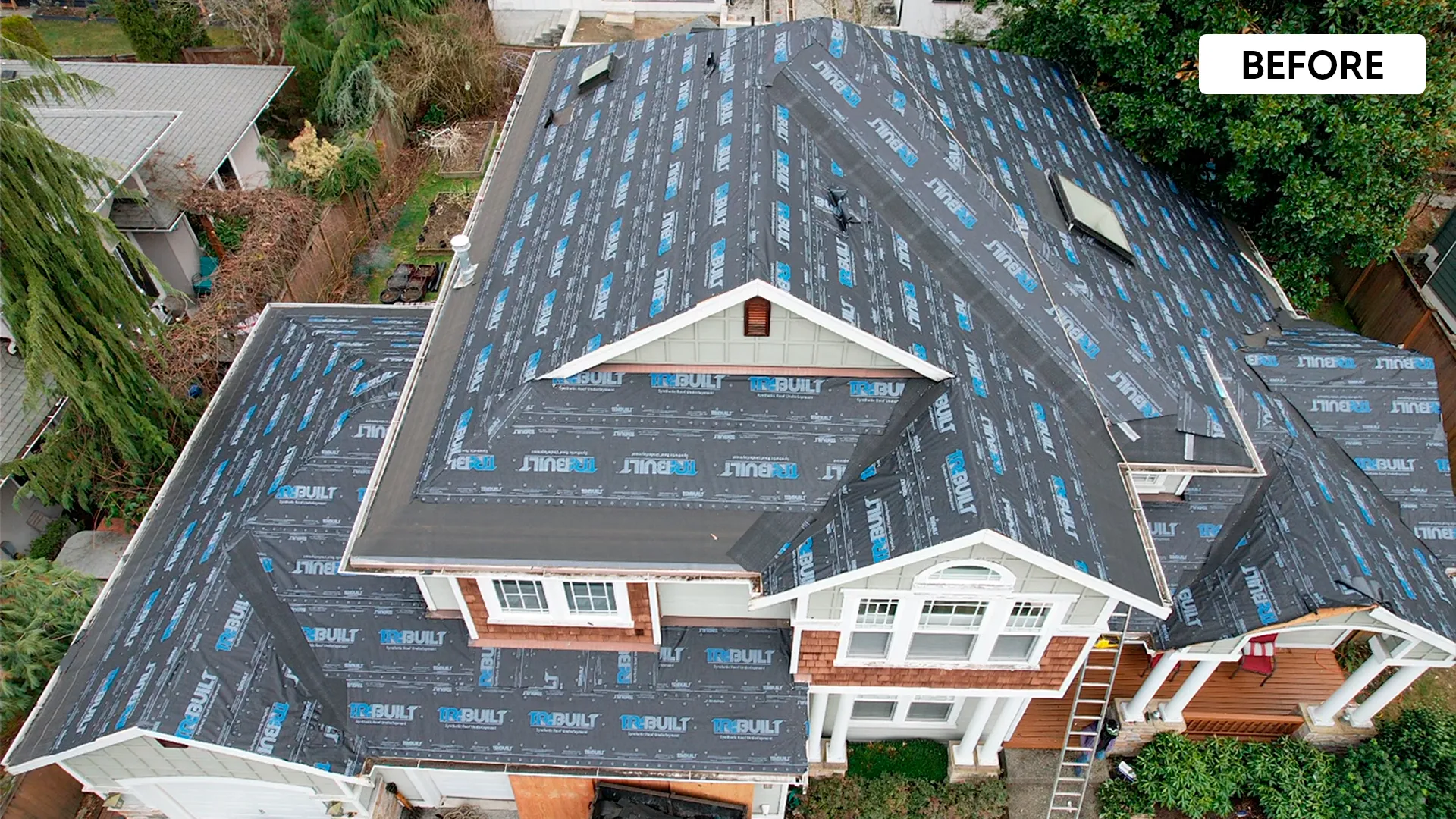 Roof before replacement — worn shingles, Pacific Northwest home