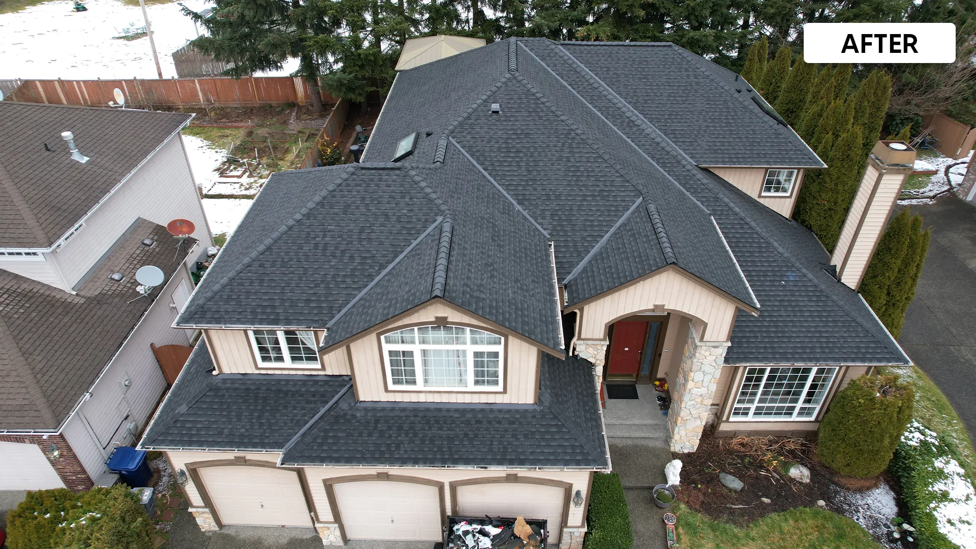 Same roof after Valentin Roofing complete replacement — new architectural shingles